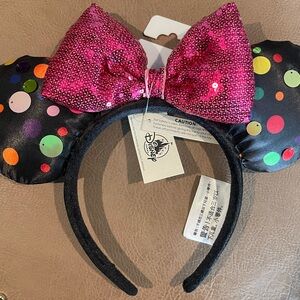Disney Parks Minnie Mouse Black Polka Dot Ears Pink Sequin Bow Headband - NWT